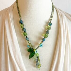 Artisan Green Glass Beaded Necklace Floral Leaf Nature Design